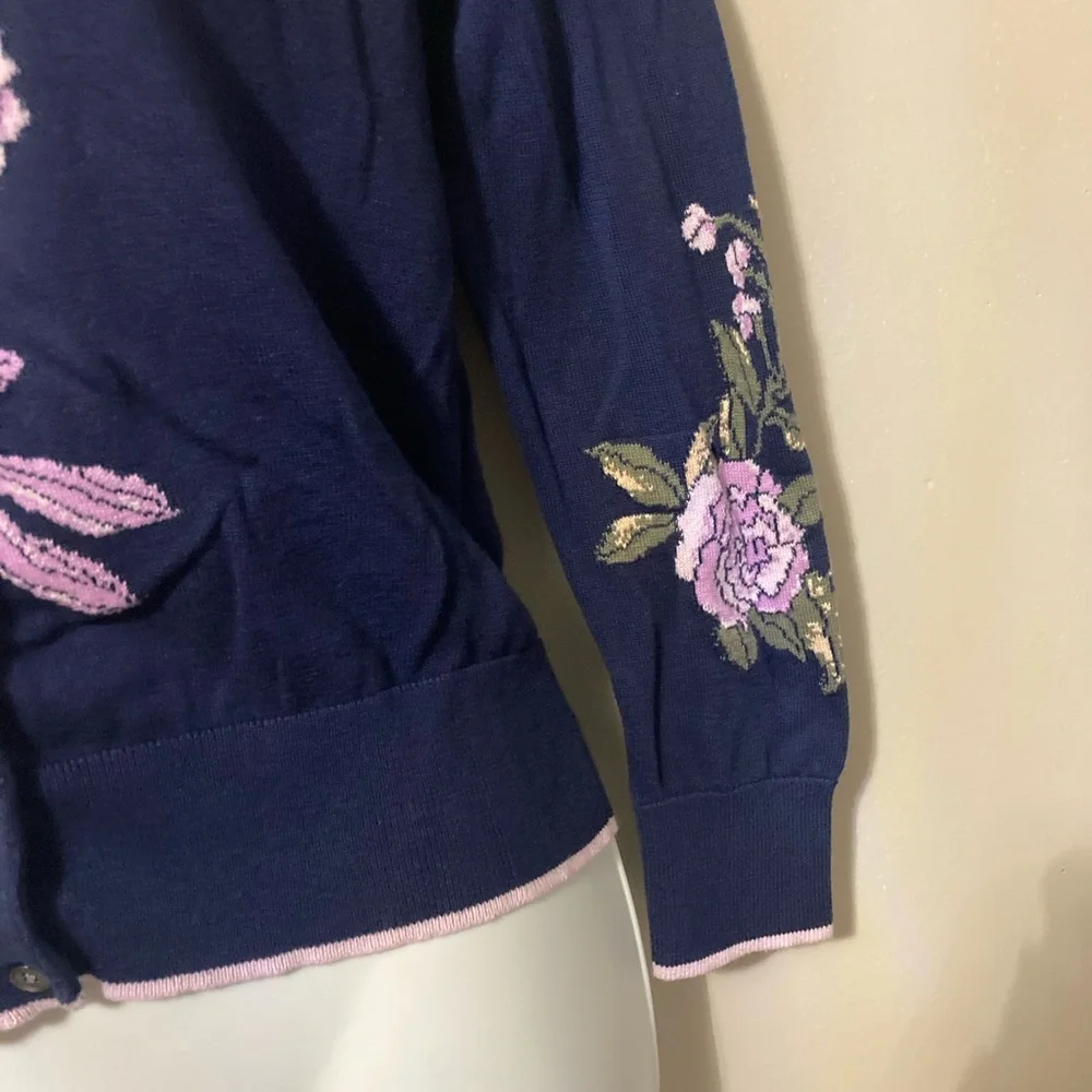 Lands' End Navy Cardigan with Purple Floral Embroidery - Picture 3 of 5